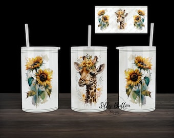 Giraffe with Yellow Sunflowers Zoo Animal Sublimation Straight Sippy Cup Tumbler Design 12 oz. Kid's Full Wrap PNG Template Digital Download