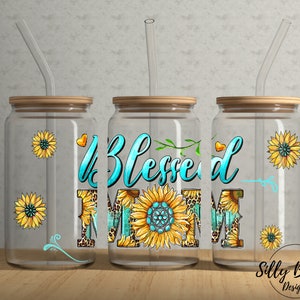 Blessed Mom Gelb & Türkis Sonnenblumen 16 Unze Libbey Glasdose Becher Sublimationsdesign, Full Wrap Vorlage PNG Digital Download