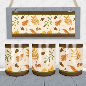 Fall Autumn Leaves and Acorns Sublimation Mug Design, 11oz (or 12oz.) and 15oz, Full Wrap Mug Template, Brown trim edges with Fall Floral
