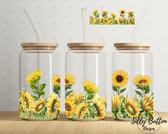 Spring Sunflowers Yellow Flowers Floral Springtime 16 oz Libbey Glass Can Tumbler Sublimation Design Full Wrap Template PNG Digital Download