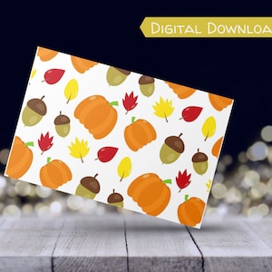 Carte d'automne automne Thanksgiving avec citrouilles, glands et feuilles Carte de voeux de vacances imprimable JPG 7 x 5 en téléchargement immédiat, vierge à l'intérieur