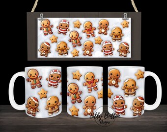 Christmas Gingerbread Cute Kawaii Food Sublimation Mug Design, 11oz (or 12oz) and 15oz Full Wrap Mug Template, PNG Digital Download
