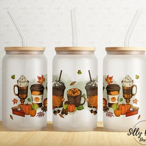 Xícaras de café com leite de outono Abóboras Marrom Outono 16 onças Libbey Glass Can Tumbler Design de sublimação Modelo de envoltório completo, download digital PNG