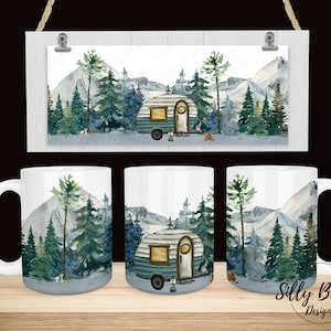 Camping con escena de montaña y diseño de taza de sublimación Camper, 11 oz (o 12 oz.) y 15 oz, plantilla de taza de envoltura completa, descarga digital PNG