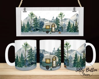 Camping with Mountain Scene and Camper Sublimation Mug Design, 11oz (or 12oz.) and 15oz, Full Wrap Cup Template, PNG Digital Download