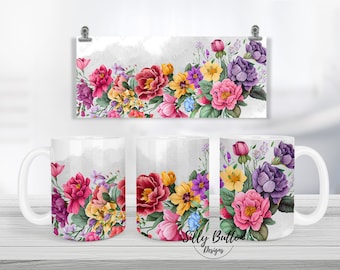 Pretty Spring Flowers Colorful Sublimation Mug Design, 11oz (or 12oz.) and 15oz, Full Wrap Mug Template, PNG Digital Download