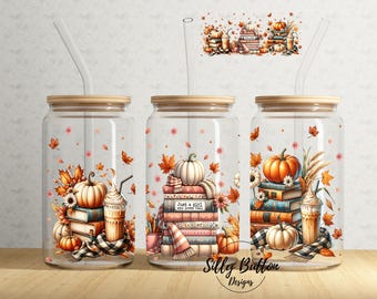 Just a Girl Who Loves Fall Pumpkins Coffee Latte Books Leaves 16 oz Libbey Glass Can Tumbler Sublimation Design, PNG Digital Download