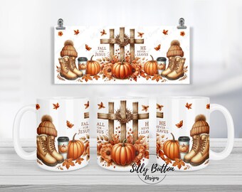 Fall For Jesus He Never Leaves /Cross & Pumpkins Design de caneca de sublimação, 11oz (ou 12oz.) e 15oz, modelo de copo de envoltório completo, download digital