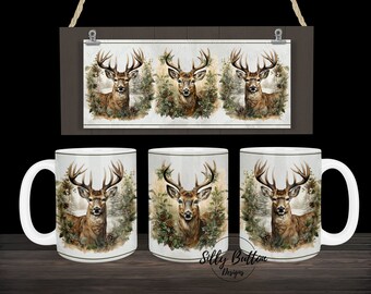 May include: Three white ceramic mugs with a brown deer design. Each mug features a detailed illustration of a deer with antlers in a forest setting. The deer are depicted in a realistic style with brown fur and white markings. The mugs are a great way to enjoy your favorite beverage.