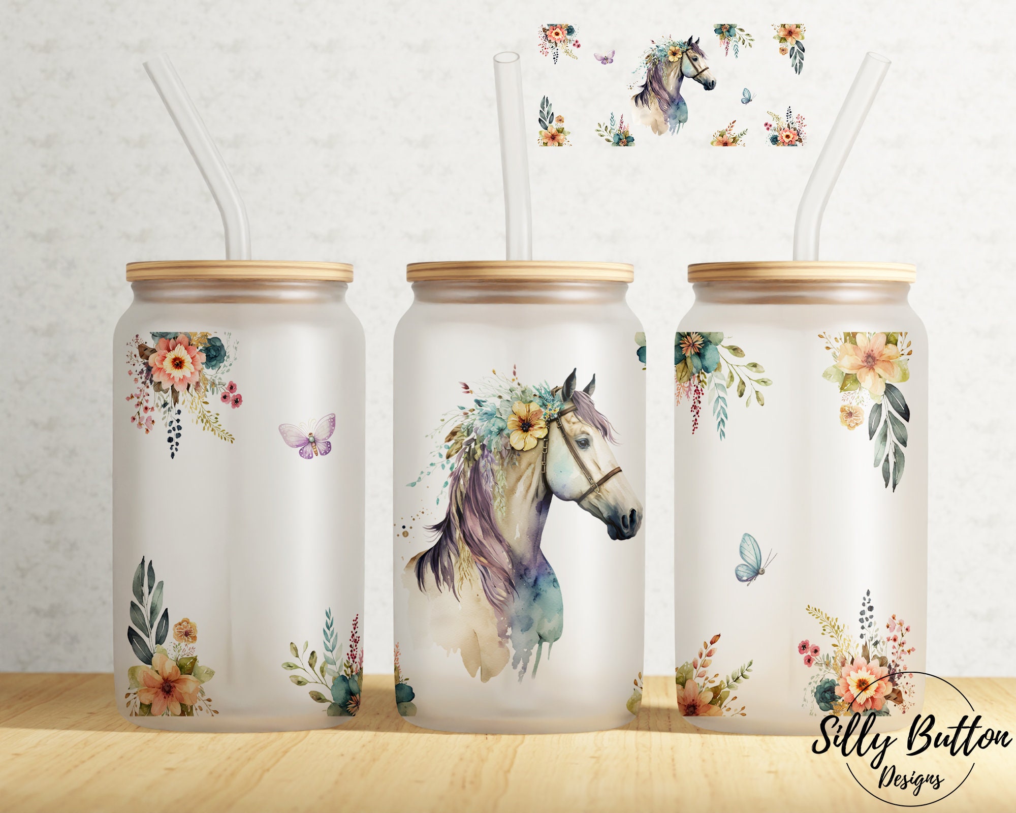 Horse With Flowers Spring 16 Oz Libbey Glass Can Tumbler Sublimation ...