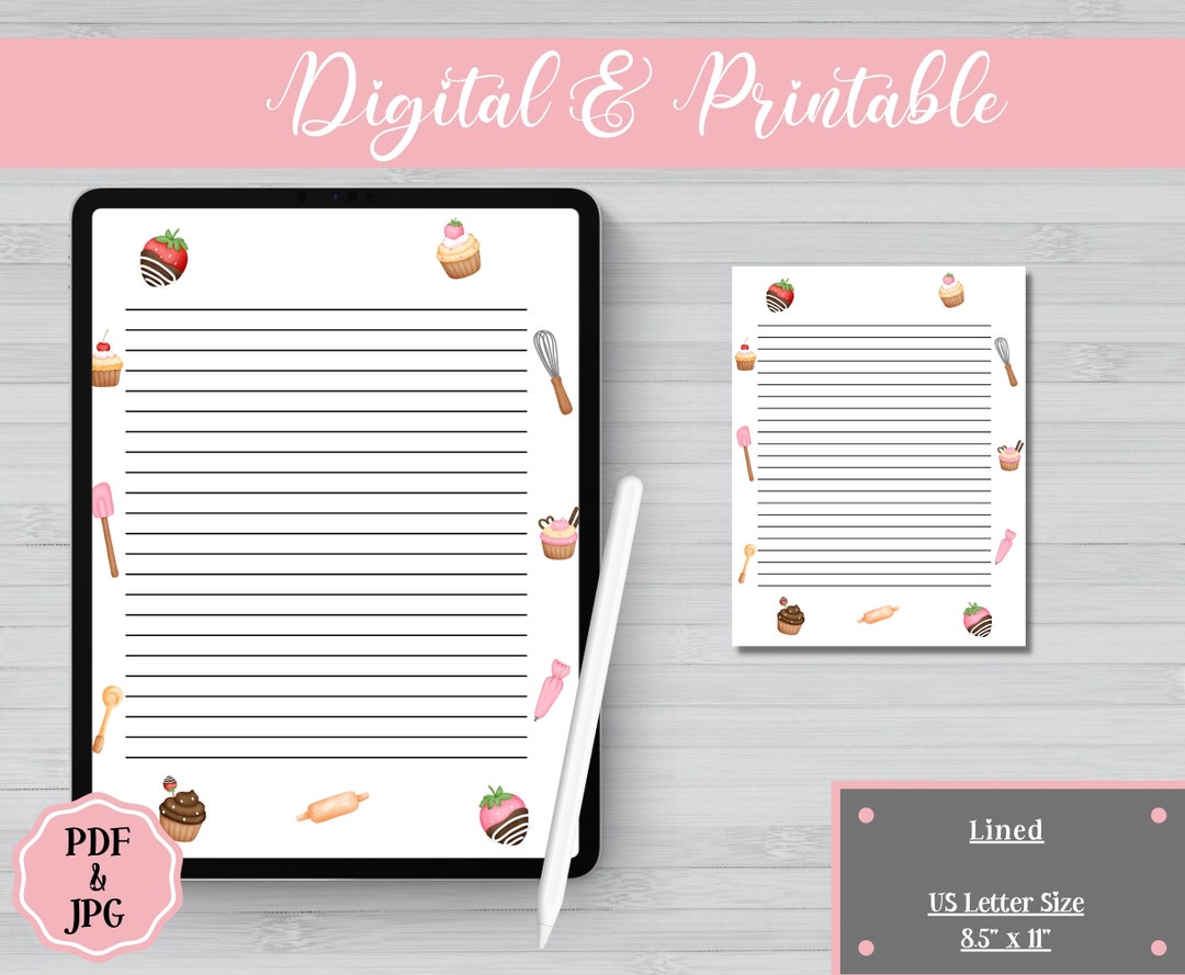 Baking Dessert Cute Recipe Lined Stationery Paper Set / PDF & JPG ...