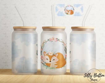 Kawaii Fox with Flowers Spring 16 oz Libbey Glass Can Tumbler Sublimation Design Full Wrap Template, PNG Digital Download