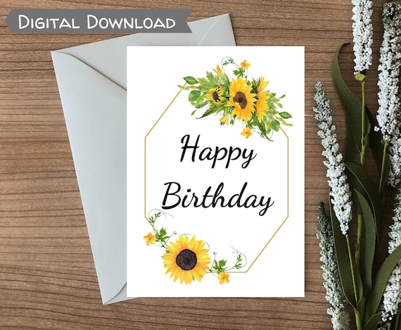 フレーム付きハッピーバースデーひまわりカード PDF および JPG 印刷