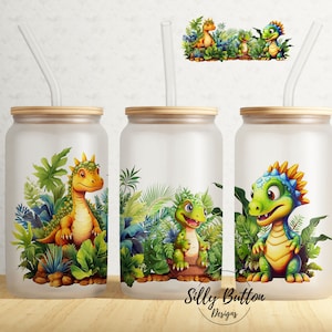 Dinossauros na selva Dinos 16oz Libbey Glass Can Tumbler Design de sublimação Transparente Full Wrap Template PNG para impressão digital