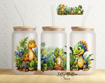 Dinosaurs in the Jungle Dinos 16oz Libbey Glass Can Tumbler Sublimation Design Transparent Full Wrap Template PNG Printable Digital Download