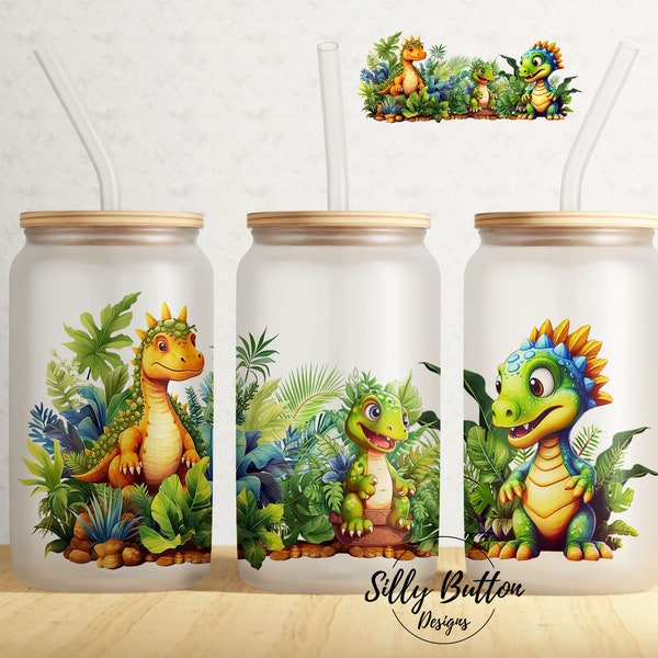 Dinosaurs in the Jungle Dinos 16oz Libbey Glass Can Tumbler Sublimation Design Transparent Full Wrap Template PNG Printable Digital Download