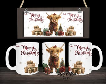 Merry Christmas Highland Cow with Presents Winter Sublimation Mug Design 11oz (or 12oz) and 15oz, Full Wrap Template, Digital Download