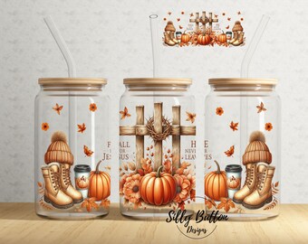 Innamorati di Gesù, non lascia mai la croce, zucche del Ringraziamento e caffè, lattina di vetro Libbey da 16 once, design a sublimazione, download digitale PNG
