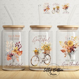 Herfst wees dankbaar dank mooie fiets bloemen 16oz Libbey glas kan Tumbler sublimatie ontwerp volledige wrap sjabloon PNG digitale download