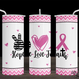 Borstkanker Hoop Liefde Geloof Vrede Roze Lint Hart Sublimatie Mager Recht Tumbler Design 20 oz. Volledige wrap-sjabloon, digitale download