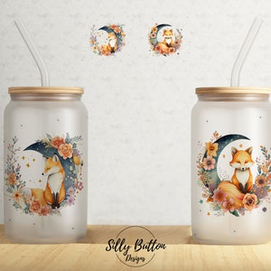 Renard sur la lune avec fleurs célestes Libbey 16 oz canette en verre Tumbler en sublimation, modèle d'emballage complet PNG en téléchargement numérique