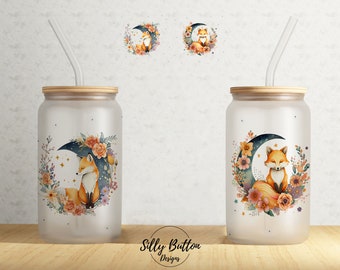 Fox on the Moon w Flowers Celestial 16oz Libbey Glass Can Tumbler Sublimation Design, Full Wrap Template PNG Digital Download