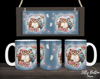 Blue Owls with Hearts and Flowers Love Valentine's Day Sublimation Mug Design, 11oz (or 12oz.) & 15oz, Full Wrap, PNG Digital Download