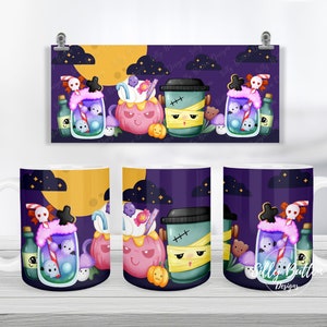 Halloween Fall Purple Cute Cartoon Coffee Drinks Sublimation Mug Design 11oz (lub 12oz) i 15oz Full Wrap Template, Instant Digital Download