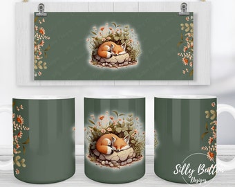 Fox with Flowers Green Pet Forest Animal Sublimation Mug Design 11oz (or 12oz.) and 15oz, Full Wrap Cup Template, Digital Download