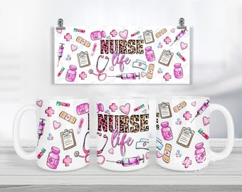 Krankenschwester-Leben Collage Gesundheit Elemente Sublimationsbecher Design, 11 Unze (oder 12 Unze) und 15 Unze, Full Wrap Becher Vorlage PNG Digital Download