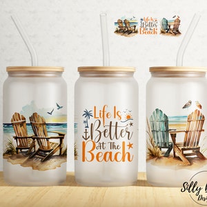 Het leven is beter op de strandstoelen Zomerzee 16 oz Libbey Glass Can Tumbler Sublimation Design Full Wrap Template, PNG Digitale Download