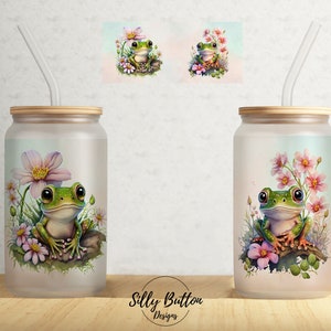 Grenouilles et fleurs été printemps 16 oz Libbey canette de verre Tumbler Sublimation Design modèle d'emballage complet, téléchargement numérique PNG