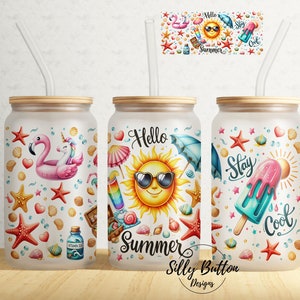 May include: Three frosted glass tumblers with a summer theme. The tumblers feature a variety of summer icons including a flamingo, a unicorn, a sun, an ice cream cone, and seashells. The tumblers are decorated with the text "Hello Summer", "Stay Cool", and "Silly Button Designs".
