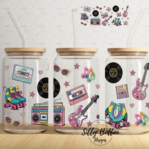 Retro 90&#39;s Music Collage Cassette Tapes Records Guitars 16 oz Libbey Glass Can Tumbler Sublimation Design Full Wrap, PNG Digital Download