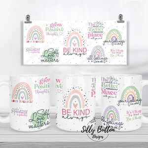 Positivo Motivacional Be Kind Love Boho Rainbows Design de caneca de sublimação, 11 onças (ou 12 onças) e 15 onças, modelo de caneca de envoltório completo, download digital
