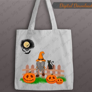 Gnome on Fence Halloween Tote Bag Sublimation Design, PNG File, Instant Digital Download, Uses: Shirts, bags, etc. Trick or Treat Bag