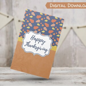 Carte de voeux automne automne Thanksgiving bleu, jaune et orange avec feuilles JPG téléchargement immédiat 5 x 7, carte de voeux de vacances, blanc à l'intérieur