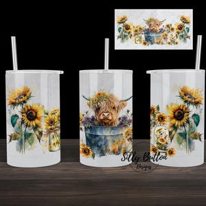 Bebê Highland Cow em balde com girassóis Sublimação Straight Sippy Cup Tumbler Design 12 onças. Download digital de modelo de envoltório completo infantil