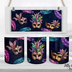 Mardi Gras maskers donkerblauwe feestelijke veren sublimatie mok ontwerp, 11oz (of 12oz.) en 15oz, volledige wrap sjabloon, PNG digitale download
