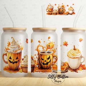 Fall Halloween Drinks Latte Pumpkin Pie Autumn Coffee 16oz Libbey Glass Can Tumbler Sublimation Design, Full Wrap Template Digital Download