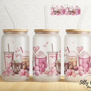 Pink Latte Coffee Drinks Valentine's Day Hearts 16 oz Libbey Glass Can Tumbler Sublimation Design Full Wrap Template PNG Digital Download