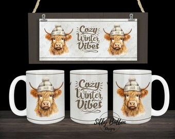Christmas Highland Cows Cozy Winter Vibes Farm Sublimation Mug Design, 11oz (or 12oz.) and 15oz, Full Wrap Mug Template, Digital Download