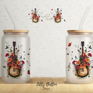 Gitaren met bloemen vlinders muziek lente 16 oz Libbey glas kan Tumbler sublimatie ontwerp volledige wrap sjabloon, PNG digitale download