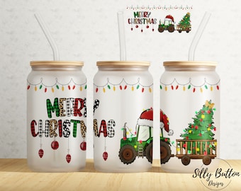 Merry Christmas Tractor w Santa Hat Farm Tree 16 oz Libbey Glass Can Tumbler Sublimation Design, Full Wrap Template PNG Digital Download