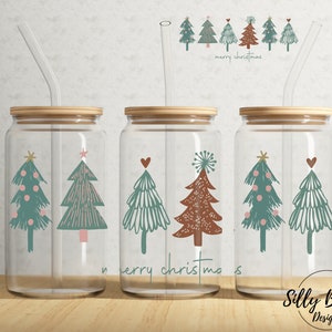 Joyeux Noël arbres verts et bruns 16 oz Libbey Glass Can Tumbler Design en sublimation, modèle d'emballage complet PNG en téléchargement numérique