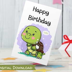 Tarjeta de feliz cumpleaños tortuga PDF & JPG imprimible instantánea descarga digital tarjeta 5x7, en blanco por dentro, tortuga verde diciendo hola tarjeta de cumpleaños