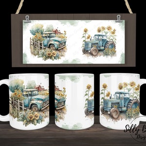Blue Tractor Vintage Truck with Sunflowers Farm Sublimation Mug Design 11oz (or 12oz) and 15oz, Full Wrap Mug Template, PNG Digital Download