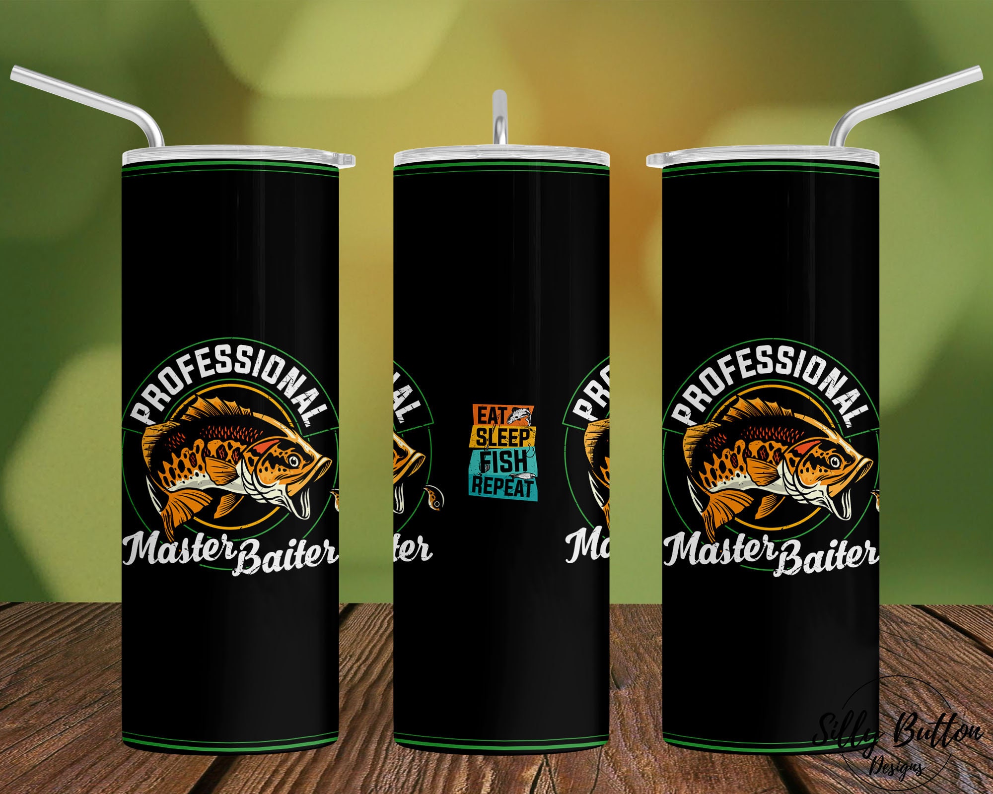 Professional Master Baiter Eat Sleep Fish Sublimation Skinny Straight Tumbler Design, 20 oz. Full Wrap Template, Digital Download
