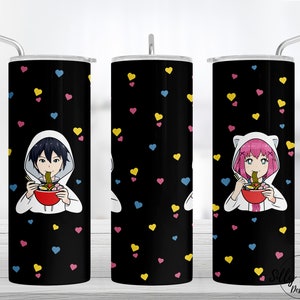 Anime Boy & Girl Eating Ramen Cartoon with Hearts Sublimation Skinny Straight Tumbler Design 20 oz. Full Wrap Template Digital Download