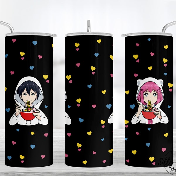 Anime Boy & Girl Eating Ramen Cartoon with Hearts Sublimation Skinny Straight Tumbler Design 20 oz. Full Wrap Template Digital Download